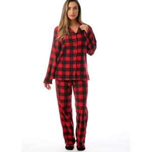 WONDERSHOP Red Black Checkered Microfleece Button Down Pajamas Top & Pants SMALL